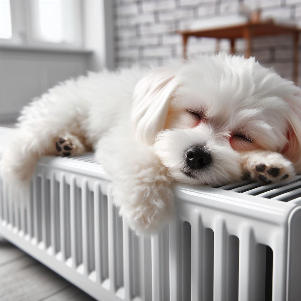 Petit chien blanc endormi sur un radiateur chaud dans une pièce confortable, illustrant un désembouage en douceur du chauffage