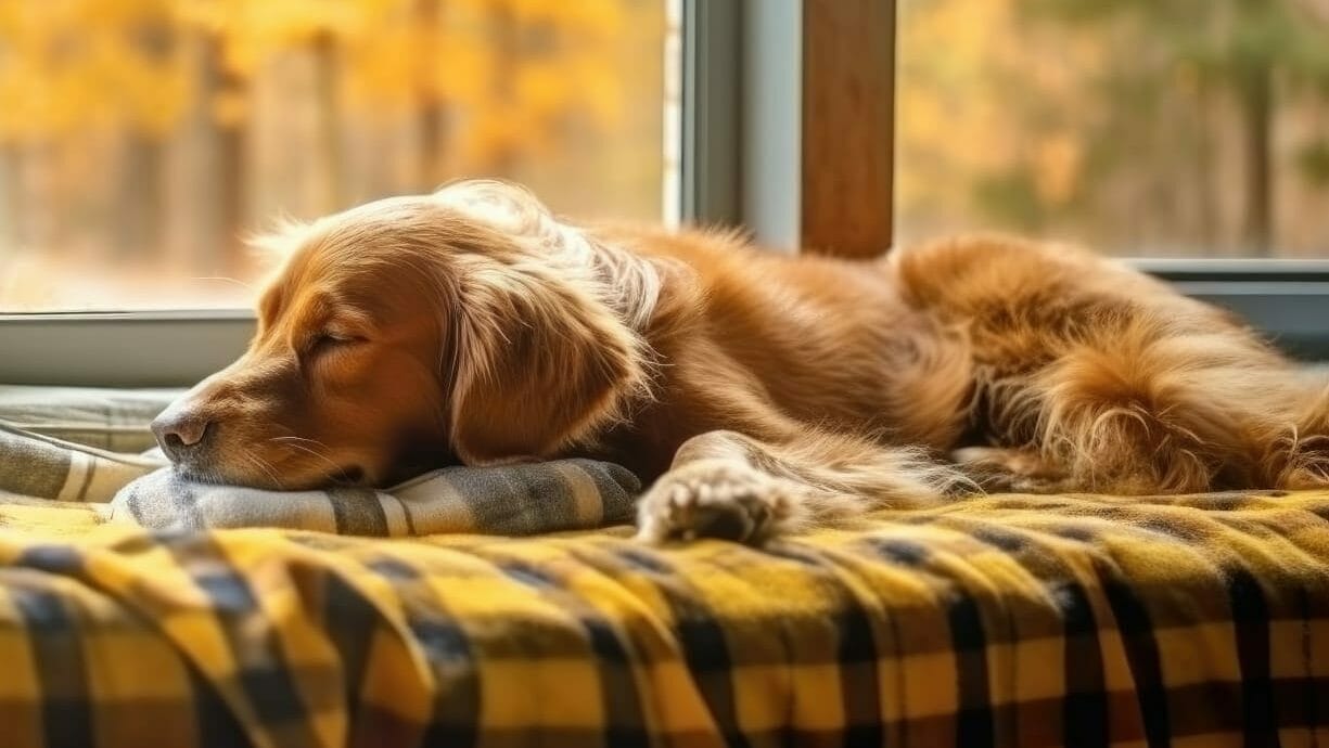 Un chien dort paisiblement sur un plaid devant une fenêtre, symbole du confort thermique retrouvé grâce à un chauffage efficace.